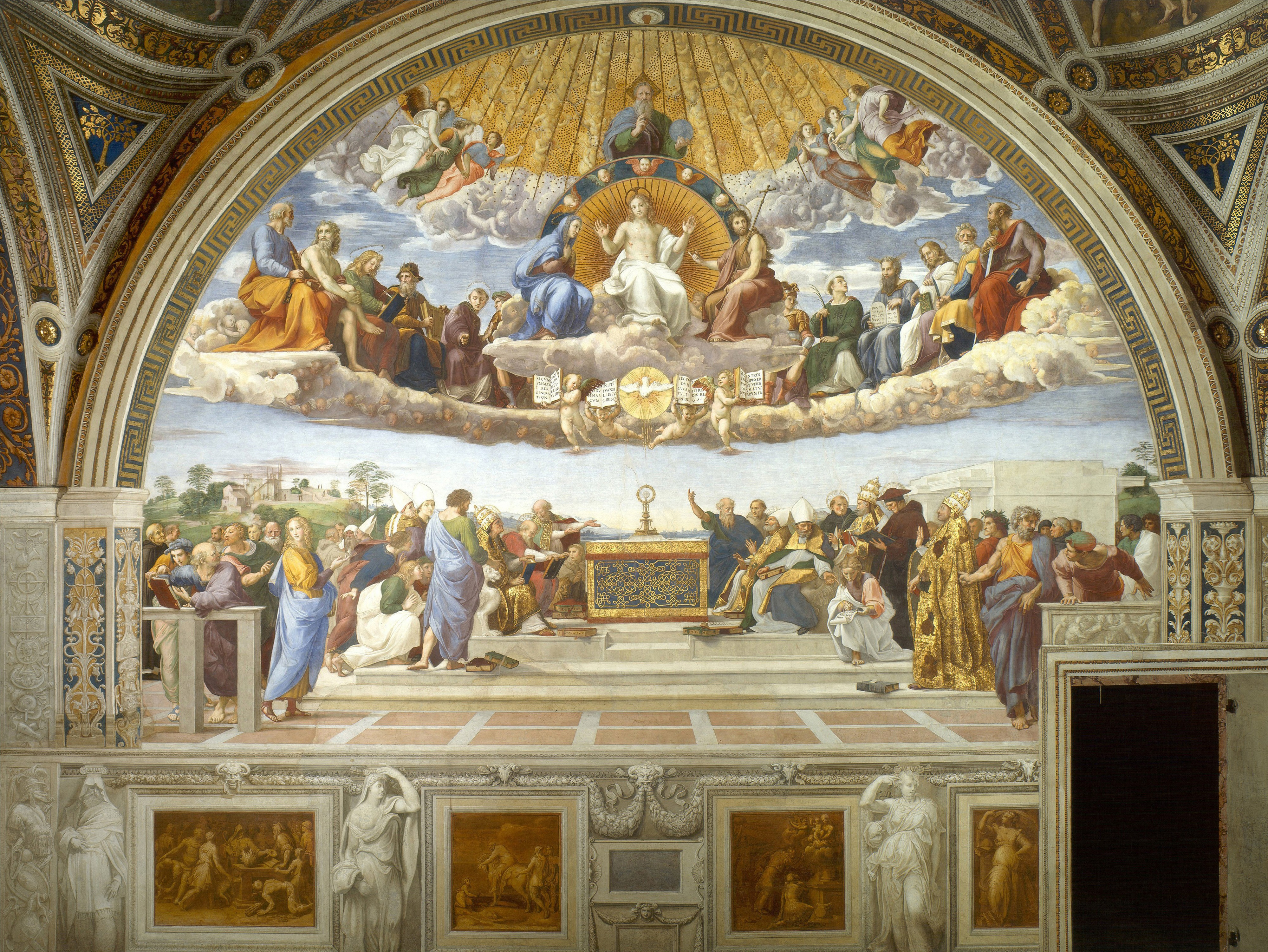 Raphael, The Disputation of the Holy Sacrament (La Disputa), 1509–1510. Vatican Museums. Public domain.